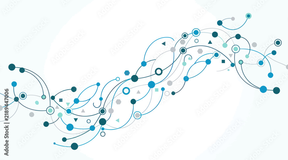 Fototapeta premium Network connection diagram shows abstract blue lines and circular nodes representing data flow on a light background.
