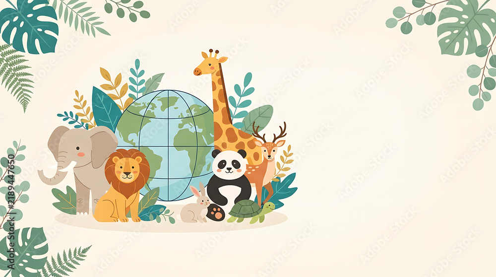 Fototapeta premium Cartoon globe surrounded by diverse wild animals and tropical foliage