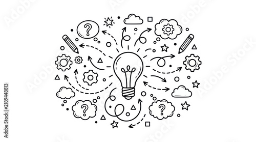 Light bulb line art illustration represents brainstorming, creative thinking, and problem solving.