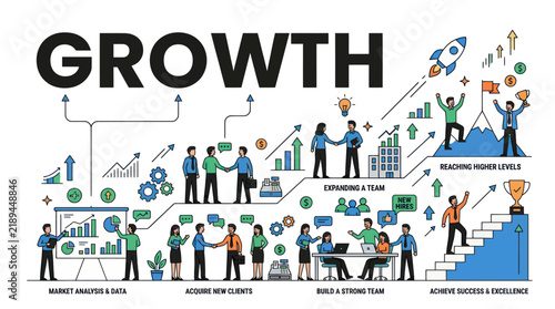 Business growth infographic concept illustrates corporate strategy and career success with diverse professionals.