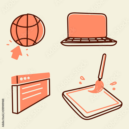 Hand drawn doodle illustration set featuring web design, technology, and digital creation concepts. Includes laptop, graphics tablet with paint brush, browser window, and globe cursor