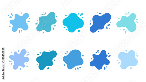 Set of abstract blue liquid blobs and water splashes