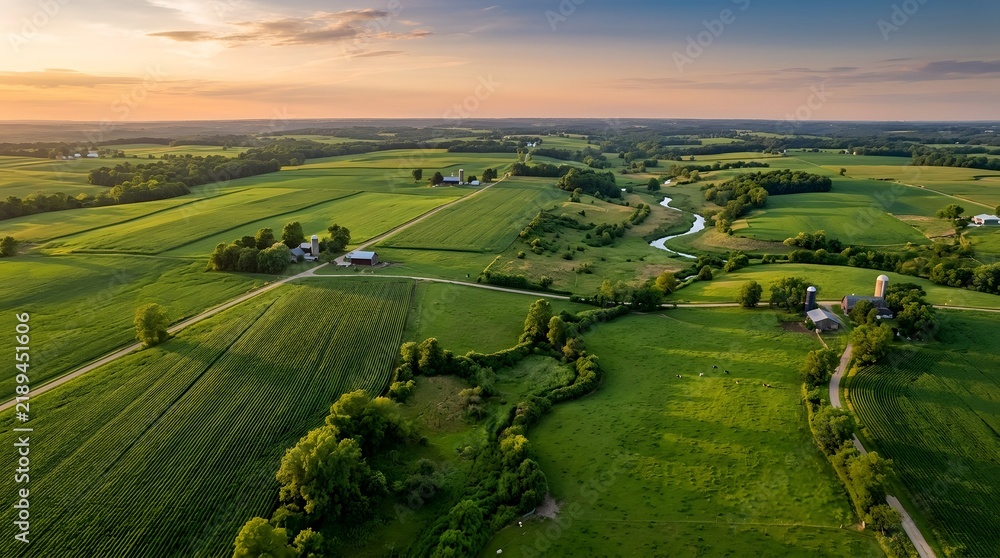 Obraz premium An expansive aerial perspective captures vibrant green agricultural fields a meandering river and rural farm structures bathed in the warm glow of a setting sun across rolling countryside terrain
