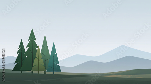 Vector illustration of a serene pine forest landscape with rolling mountains in the distance