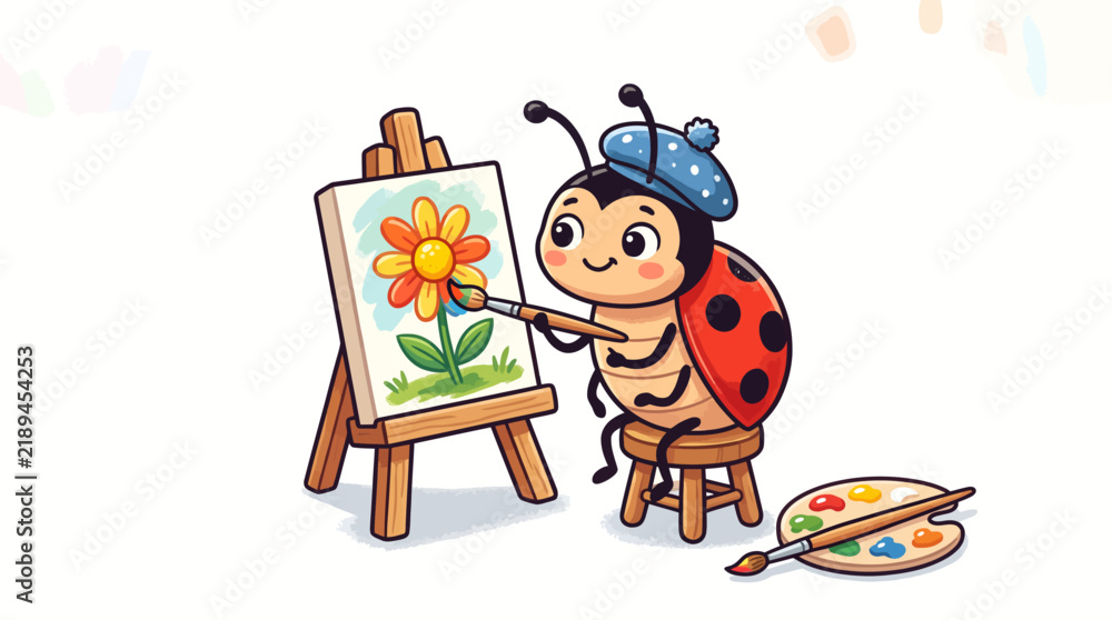 Fototapeta premium Cute ladybug artist painting a flower on a canvas sitting on a small wooden