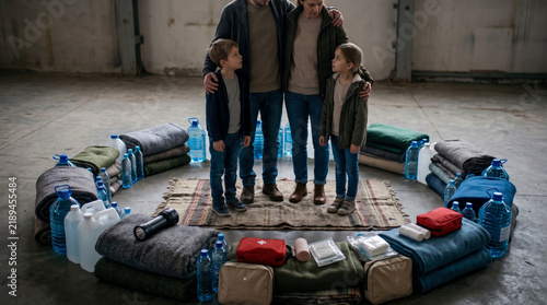Family of four stands in circle of essential supplies including blankets, water bottles, first aid kits, and flashlight, suggesting preparedness for crisis or emergency situation.