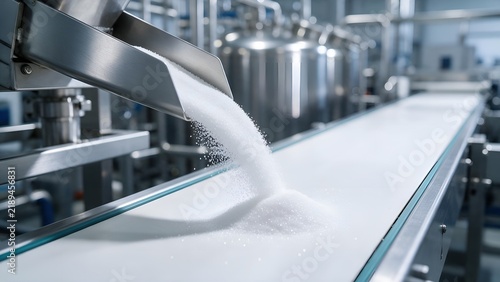 White refined sugar granules pouring steadily from metal chute onto clean conveyor belt inside bright modern food processing factory with blurred silver industrial tank equipment