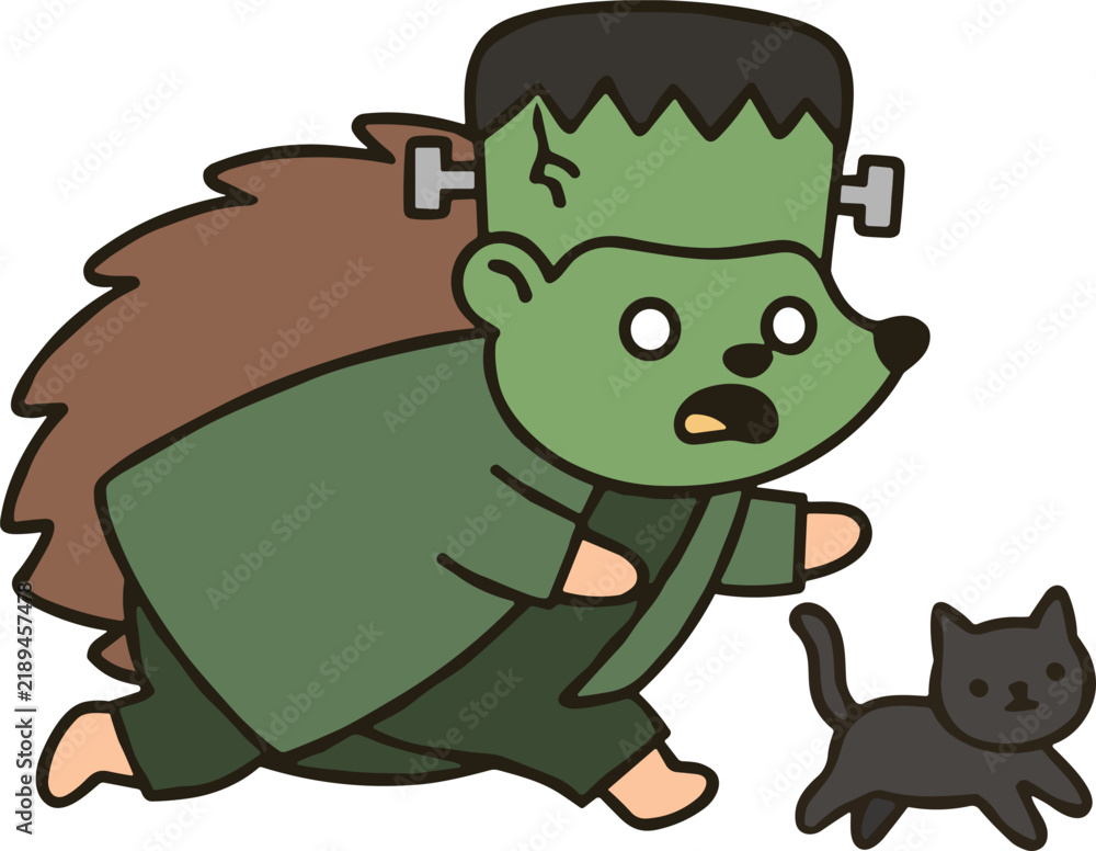 Obraz premium Hedgehog in Frankenstein costume chasing a kitten, Halloween illustration