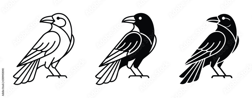 Obraz premium Three Raven Icons, Black and White Bird Silhouettes, Vector Graphics for Design