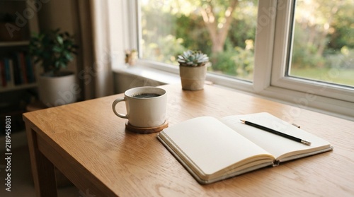 Obraz na płótnie Cozy Morning Workspace with Steaming Hot Coffee and Open Blank Notebook on a Wooden Table by Window