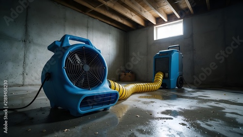 Industrial blue floor dryer fan connected to a heavy duty dehumidifier sitting on a wet concrete basement floor during a professional flood water damage restoration