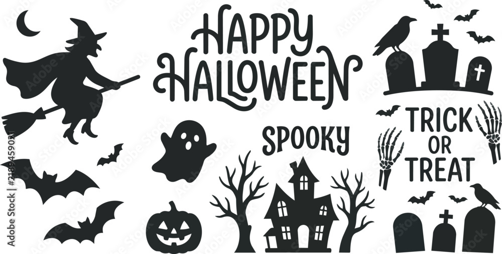 Fototapeta premium Halloween silhouettes featuring witch ghost bats and graveyard on a white background