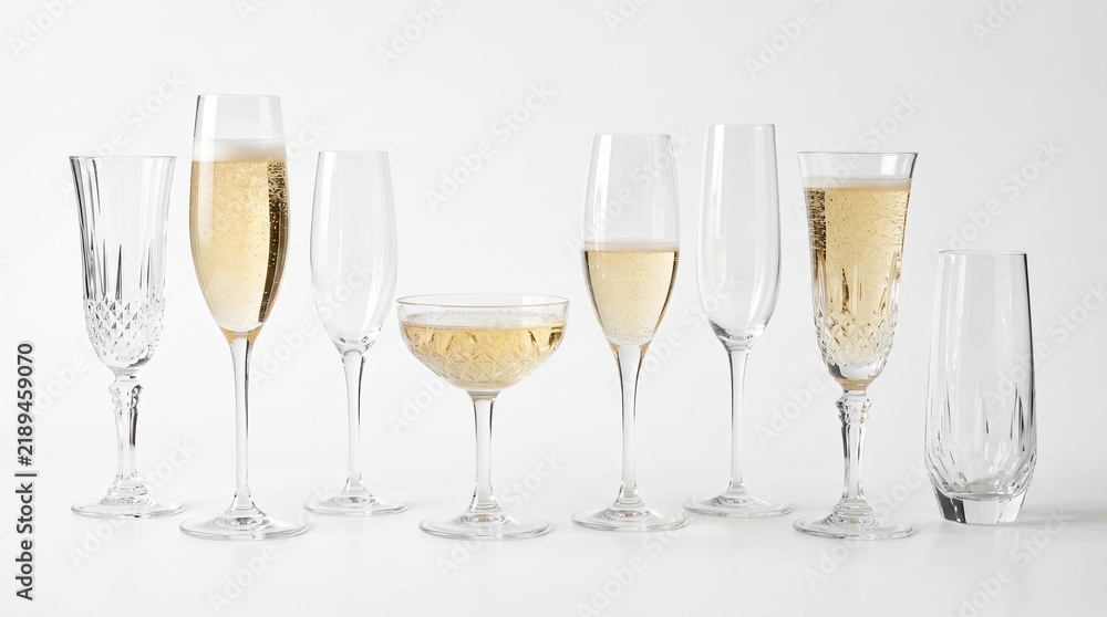 Obraz premium Collection of elegant crystal champagne glasses with sparkling wine and bubbles on a clean white background