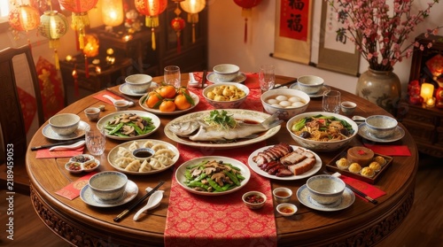 A Festive Feast: A round table laden with a sumptuous spread of traditional Chinese New Year dishes, adorned with red lanterns and decorative elements, promising a joyous celebration.