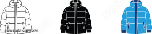 Puffer jacket icon set featuring outline, solid, and colored variations for winter apparel, fashion e-commerce, and outerwear stores.
