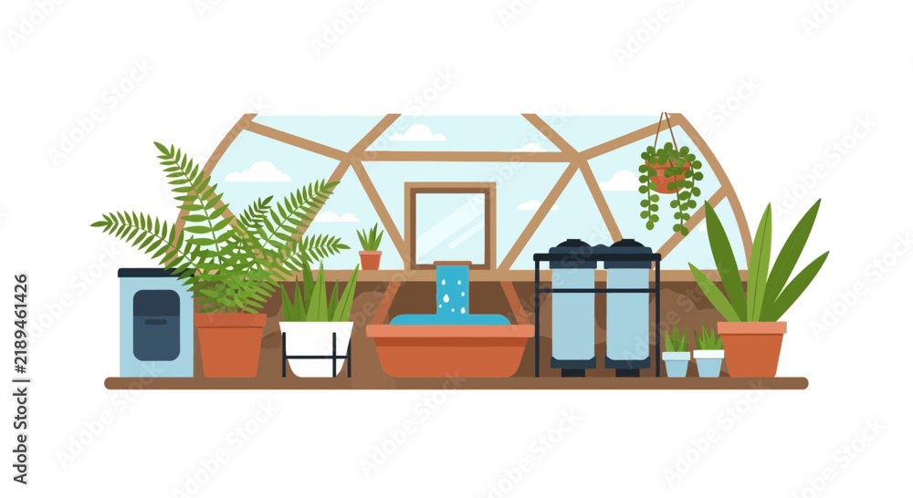 Obraz premium Sustainable Geodesic Dome Greenhouse with Aquaponics System and Indoor Plants Vector