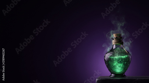 Dark purple background with a glowing green potion bottle silhouette and rising mist, neon Halloween graphic, banner. Copy space