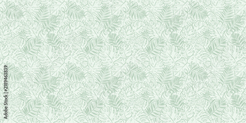 Line art doodle tropical leaves seamless repeat pattern, monstera and palm leaves foliage illustration background