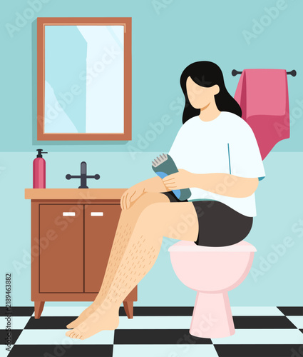 Young woman holding epilator, sitting in the bathroom and removing hair on her legs - vector illustration.