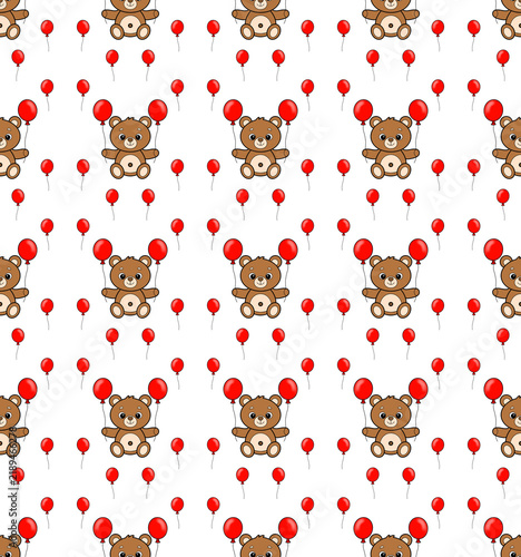 Cute Teddy Bear and Heart Balloon Seamless Pattern Background