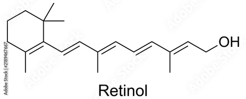Vector illustration of Retinol molecular structure and chemical formula. High-resolution, accurate scientific diagram ideal for skincare, cosmetics, biology education, and educational infographics
