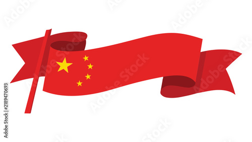 Chinese national flag waving in red with five golden stars, patriotic symbol, and flowing ribbon design on white background