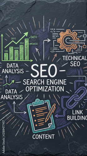 Obraz w ramie Chalk drawings illustrate SEO concepts like data analysis, technical SEO, link building, and content creation on a dark stone background, representing digital marketing strategy.