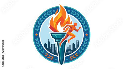 Sport athlete running with burning olympic torch icon.
