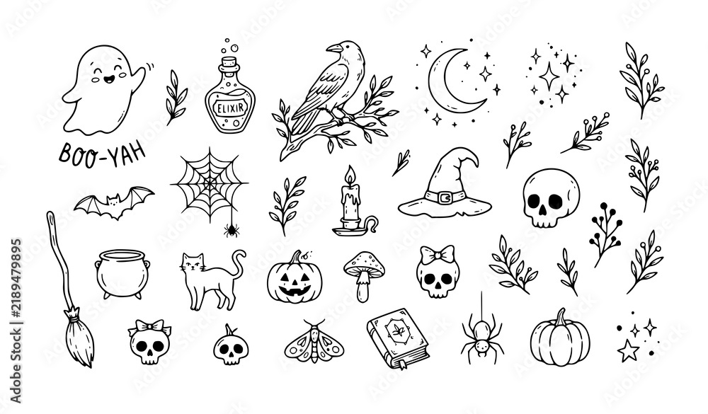 Obraz premium Hand Drawn Doodle Halloween Set with Ghost Pumpkin Witch Hat and Black Cat Vector Illustration Collection