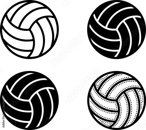 Volleyball icons feature four variations of sport balls in bold black and white silhouettes.