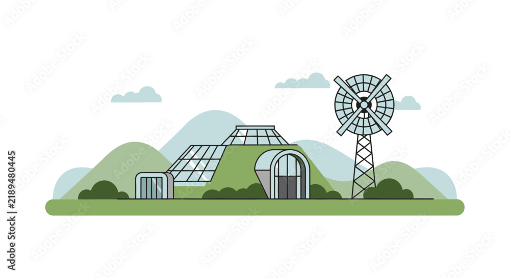 Obraz premium Eco-Friendly Sustainable House with Solar Panels and Wind Turbine Illustration