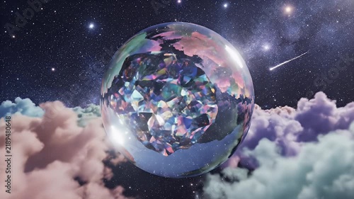 Earth-Like Planet Rising Above Purple Clouds Under a Starry Cosmic Sky