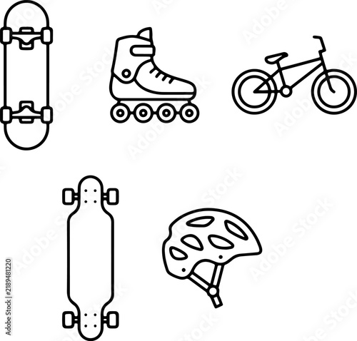 Extreme sports gear including skateboards, roller skate, bicycle, longboard, and a safety helmet.