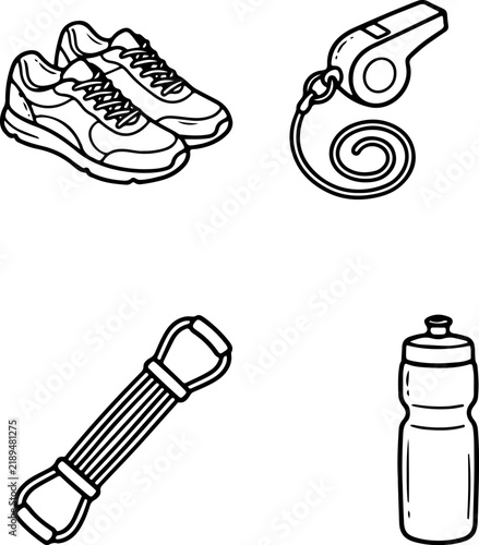 Fitness gear set displaying sneakers, whistle, resistance band, and a water bottle for workouts.