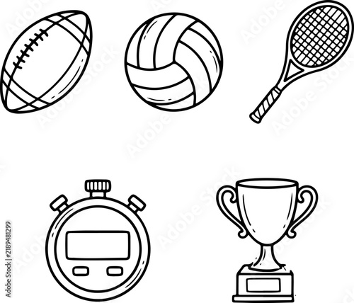 Sports equipment collection featuring football, volleyball, tennis racket, timer, and a trophy.