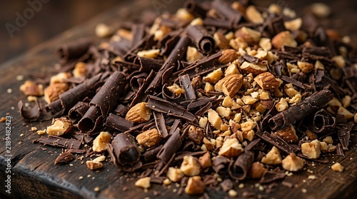 Dark chocolate shavings and chopped almonds on rustic wood for dessert