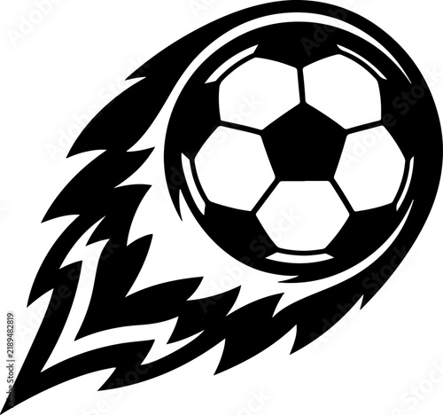 Soccer ball flying through the air with fire trails in a dynamic black and white illustration.