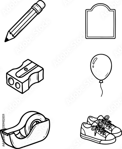 Educational doodles featuring pencils, sharpeners, tape dispensers and sneakers.