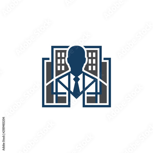 Professional business icon featuring a businessman silhouette integrated with building architecture.