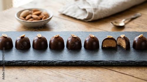 Gourmet dark chocolate pralines with peanut filling on slate board