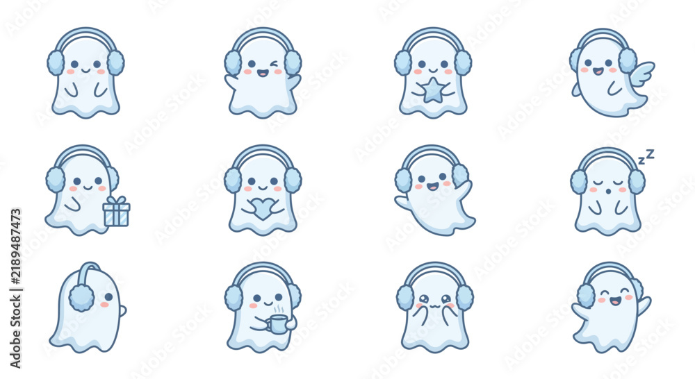 Obraz premium Cute blue ghosts wearing winter earmuffs and headphones.