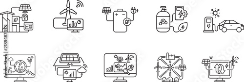 Set of clean outline icons representing sustainable energy solutions and green technology