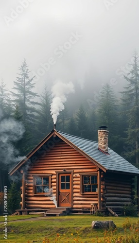 Cabin nestled among the trees with smoke rising from the chimney, vacation, ||cabin