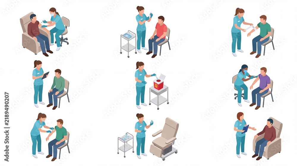 Fototapeta premium Medical vaccination and patient treatment isometric set