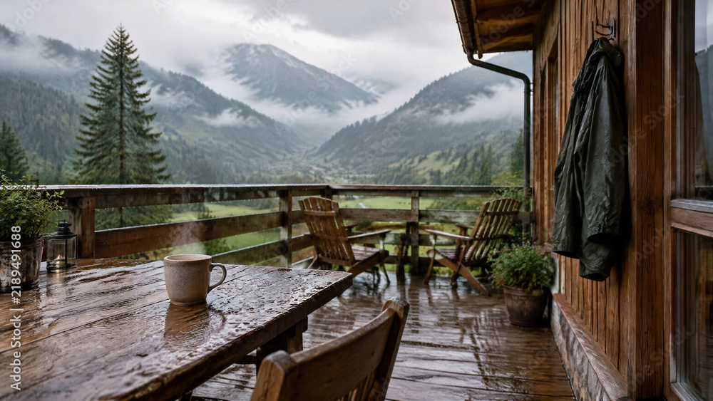 Obraz premium Steaming mug on a wooden terrace overlooking misty alpine mountains at a rustic mountain guesthouse