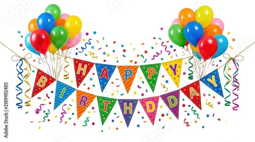 Colorful Happy Birthday bunting banner, festive party balloons and confetti, vibrant celebration decorations on white background