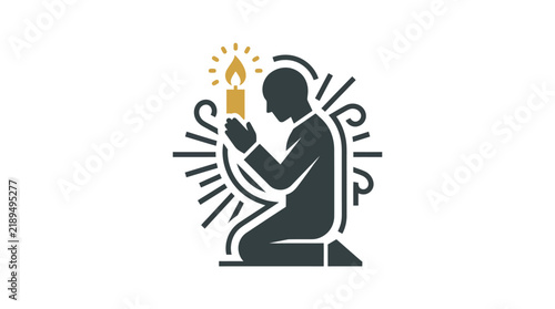Minimalist silhouette of a man kneeling in prayer with a glowing candle.