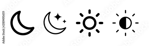 Sun and moon icon vector day and night icon set. dark and light mode icons , Screen brightness and contrast level signs and symbols for app user interface and web elements