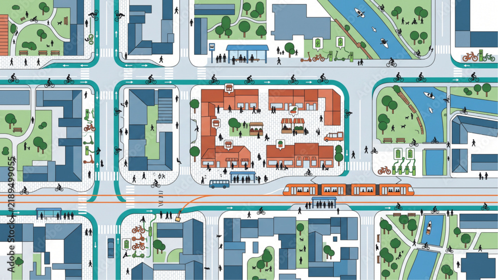 Obraz premium Sustainable Urban Mobility Plan with Cycling, Walking, Public Transit, Local Shopping and Electric Transport