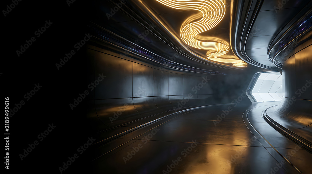 Obraz premium A long futuristic metallic tunnel featuring glowing golden lighting along the ceiling spine -Luxury Black and Gold Abstract Business Background, Premium 3D Design